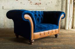 Chesterfield Snuggle Chair, Blue Velvet & Vintage Tan Leather, British Handmade