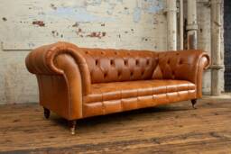 British Handmade 3 Seater Vintage Tan Brown Leather Chesterfield Sofa