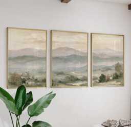 Mountain Landscape Trio, Neutral Countryside Wall Art Set - thumbnail 1