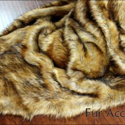 Faux Fur Bedspread Golden Brown Wolf, Coyote Pelt Blanket - thumbnail 2
