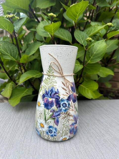 Handmade Blue Iris White Daisy Vase , Glass Vase Decoupage Personalised Gift For Mum, New Home Mothers Day Nan, Grandma - image 1