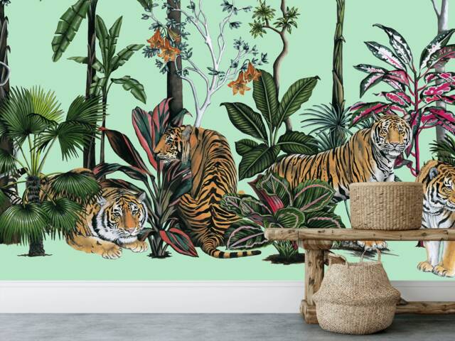 Tiger Floral Wall Mural, Chinoiserie Print, Green Jungle Wallpaper - image 1