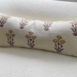 Block Print Linen Lumbar Pillow Cover Red , Yellow , Green Color Design - thumbnail 4