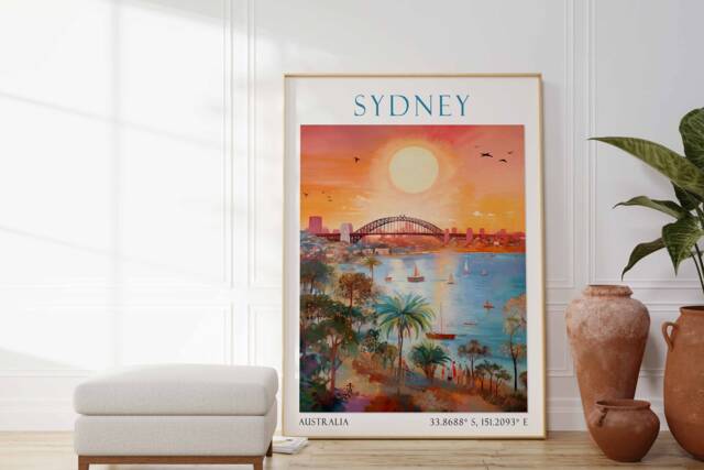 Sydney Travel Print, Poster, Opera House Art, Australia Wall Harbour Bridge - image 1