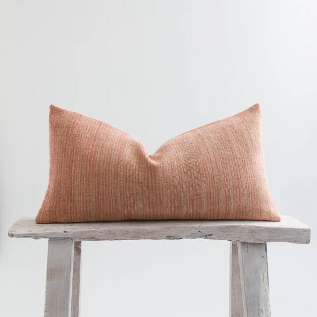 Pastel Orange Lumbar Cushion Cover, Striped Woven Cotton Pillow - image 1