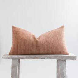 Pastel Orange Lumbar Cushion Cover, Striped Woven Cotton Pillow - thumbnail 1