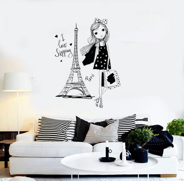 Wall Vinyl Decal Girl Mini Dress I Love Shopping Paris Fashion Decor Girl's Room Modern Sketch Home Art - #1245Di - image 1