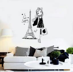 Wall Vinyl Decal Girl Mini Dress I Love Shopping Paris Fashion Decor Girl's Room Modern Sketch Home Art - #1245Di - thumbnail 1