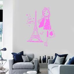 Wall Vinyl Decal Girl Mini Dress I Love Shopping Paris Fashion Decor Girl's Room Modern Sketch Home Art - #1245Di - thumbnail 3