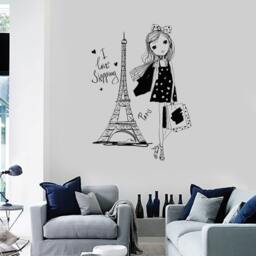 Wall Vinyl Decal Girl Mini Dress I Love Shopping Paris Fashion Decor Girl's Room Modern Sketch Home Art - #1245Di - thumbnail 2