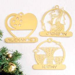 Singapore Love Set - Personalized Xmas Ornament Set - Bauble Christmas Tree Decor Wood & Mirror Ornament Gift - thumbnail 1