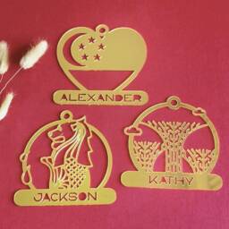 Singapore Love Set - Personalized Xmas Ornament Set - Bauble Christmas Tree Decor Wood & Mirror Ornament Gift - thumbnail 2