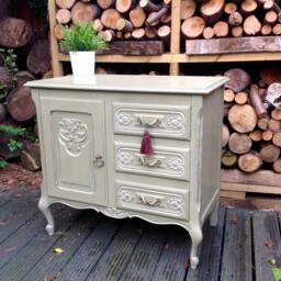 Hand Painted Shabby Chic Sideboard, Carved Hall Console Cabinet - thumbnail 3