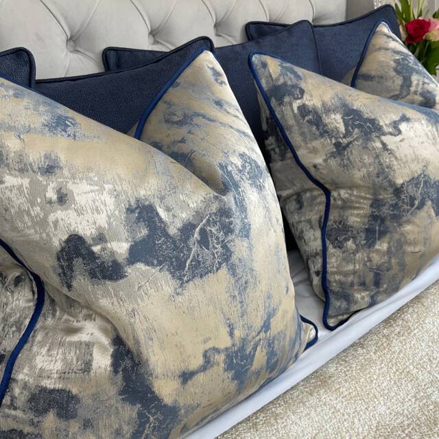 Luxury Pillow, Cushion Cover , Throw Pillow Navy Blue Metallic Gold Clarke &clarke Tessere Midnight Fabric, Satin Piping - image 1