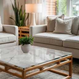 Marble Imitation Glass Table Top, White Minimalist Tabletop, Durable Tempered Elegant Surface - thumbnail 3