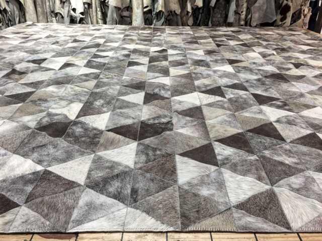 Patchwork Cowhide Rug, Gray Triangles - Handmade Leather - image 1