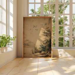 Japanese Bamboo & Birds Poster, Vintage Ink Wash Wall Art, Traditional Nature Scene Print, Zen River Landscape, Asian Decor, Unframed - thumbnail 3