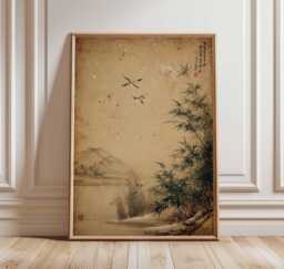 Japanese Bamboo & Birds Poster, Vintage Ink Wash Wall Art, Traditional Nature Scene Print, Zen River Landscape, Asian Decor, Unframed - thumbnail 1