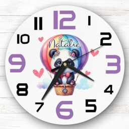 Hot Air Balloon Floral Panda Personalised Gift For Kid's Bedroom Clock - Kids Clock, Children's , Custom Wall - thumbnail 1