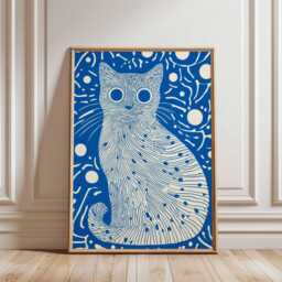 Blue Abstract Cat Wall Art Print, Modern Animal Poster, Contemporary Line Minimalist Decor For Living Room Or Bedroom - thumbnail 2