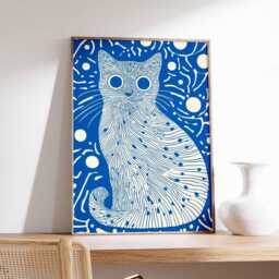 Blue Abstract Cat Wall Art Print, Modern Animal Poster, Contemporary Line Minimalist Decor For Living Room Or Bedroom - thumbnail 1
