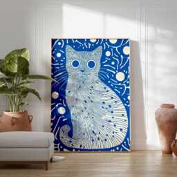 Blue Abstract Cat Wall Art Print, Modern Animal Poster, Contemporary Line Minimalist Decor For Living Room Or Bedroom - thumbnail 3