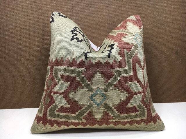 Vintage Kilim Pillow Cover, Handwoven Turkish Cushion, 16x16 - image 1