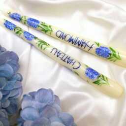 Hand Painted Wedding Candle, Bespoke, Personalized Taper Candles, Customized, Hydrangea Spring Floral Bride Groom Gift - thumbnail 2