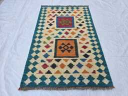 Handmade Afghan Wool Kilim Rug Small Geometric Entryway Rug - thumbnail 1