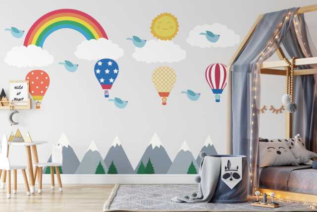 Kids Wall Decals Mountain Scene Hot Air Balloons, Nursery, Baby Decal, Nursery Stickers, Neutral, Decor - image 1