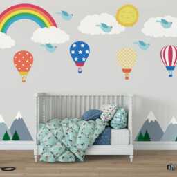 Kids Wall Decals Mountain Scene Hot Air Balloons, Nursery, Baby Decal, Nursery Stickers, Neutral, Decor - thumbnail 2