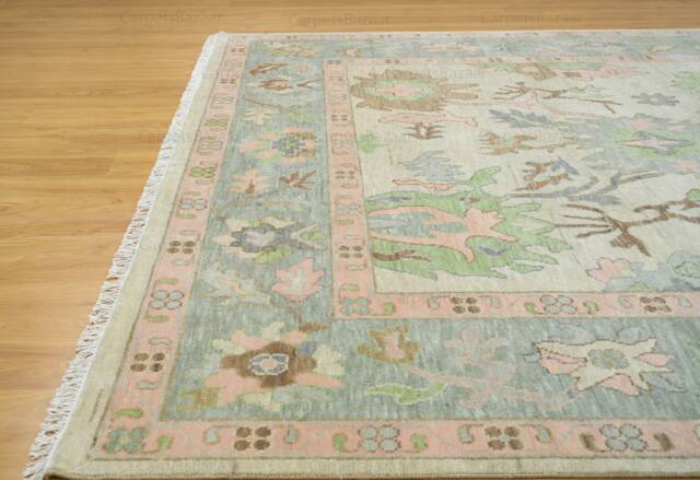 Handmade Oushak Wool Rug, Beige, Pastel Green, Pink Floral Design Ar_3634 - image 1