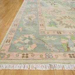 Handmade Oushak Wool Rug, Beige, Pastel Green, Pink Floral Design Ar_3634 - thumbnail 2
