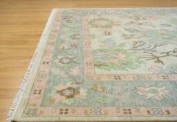 Handmade Oushak Wool Rug, Beige, Pastel Green, Pink Floral Design Ar_3634 - thumbnail 1