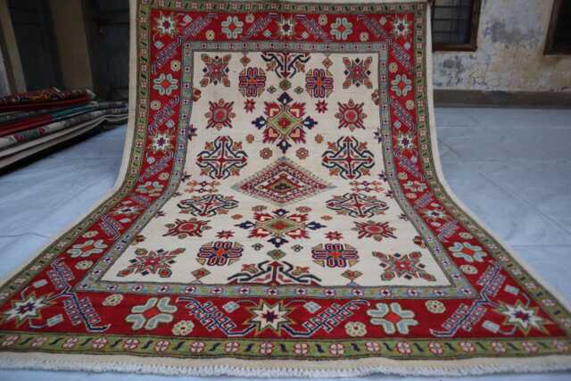 5x7 Ft Kazak Hand Knotted Afghan Area Rug, Red Luxury New Rug, Medallion Geometric Carpet, Rug For Living Room Carpet - image 1