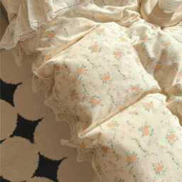Yellow Pale Floral Coquette Cotton Duvet Cover Set, Cream Ruffle Single/Full Set - thumbnail 2