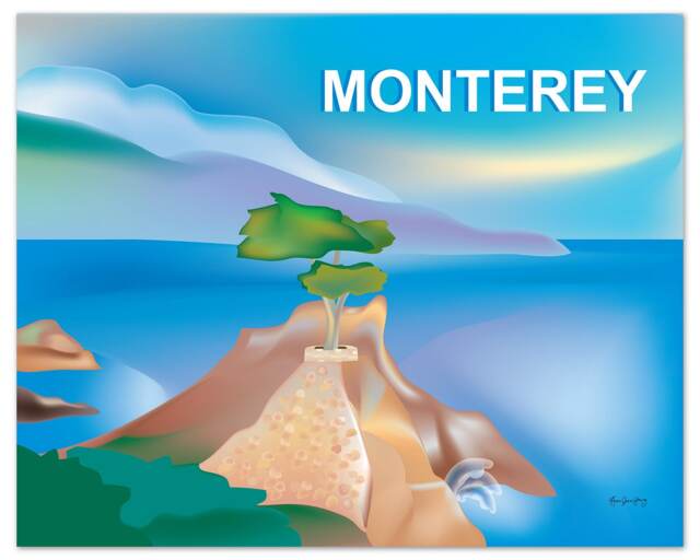 Monterey Bay Art, Map, Skyline, Poster, Ca Wall Art, 16 Mile Drive Print - Style E8-O-Montery - image 1