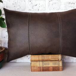 Dark Brown Faux Leather Lumbar Pillow Cover 3-Piece Design - thumbnail 3
