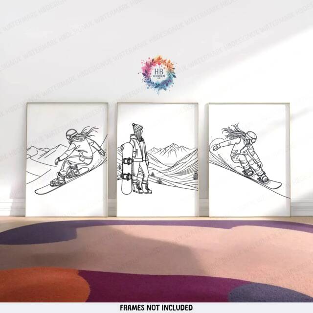 Minimal Snowboarding Line Art - Set Of 3 Prints - Woman Ski Gifts Drawing Decor Skier Posters Snowboard Wall Artwork - image 1