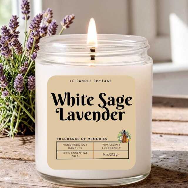 White Sage Lavender Essential Oil Soy Candle - Aromatherapy Scented Natural Handmade Vegan Gift - image 1