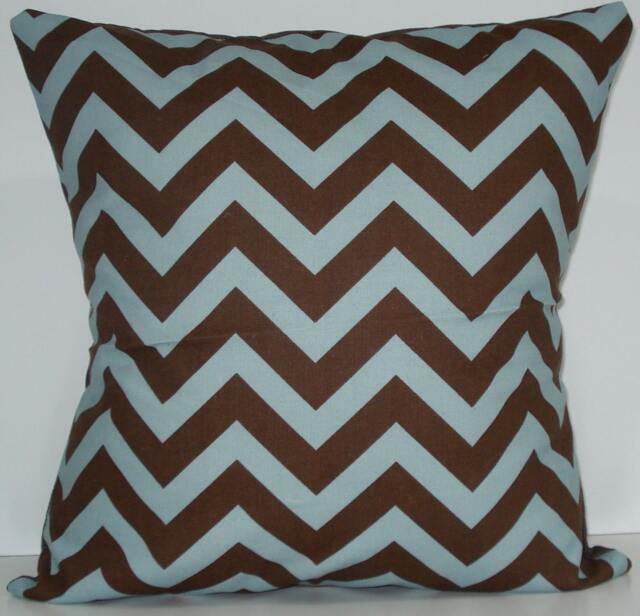 New 18x18 Inch Designer Handmade Pillow Case in Blue & Brown Zig Zag Chevron Pattern