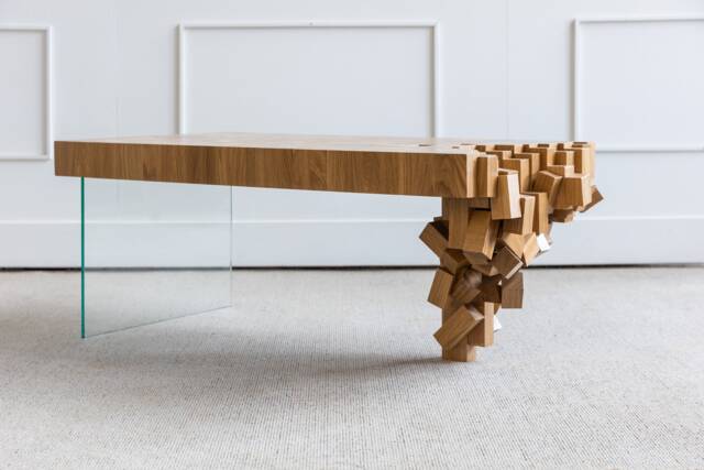 Modern Solid Oak Coffee Table With Glass Leg - Unique Design, Handmade Quality Craftsmanship - image 1
