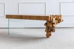 Modern Solid Oak Coffee Table With Glass Leg - Unique Design, Handmade Quality Craftsmanship - thumbnail 1