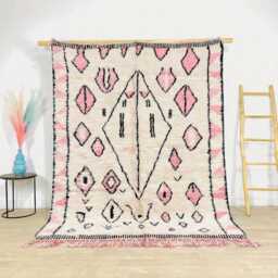 Moroccan Ivory & Pink Berber Rug, Handwoven Wool Shag Diamond Geometric Motifs, Authentic Beni Ourain Carpet, Large Area Rug - thumbnail 1