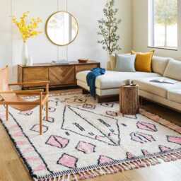 Moroccan Ivory & Pink Berber Rug, Handwoven Wool Shag Diamond Geometric Motifs, Authentic Beni Ourain Carpet, Large Area Rug - thumbnail 3