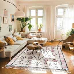 Moroccan Ivory & Pink Berber Rug, Handwoven Wool Shag Diamond Geometric Motifs, Authentic Beni Ourain Carpet, Large Area Rug - thumbnail 2