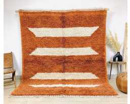 Orange & Cream Horizontal Stripe Moroccan Rug - Handmade Berber Shag Carpet Large Area Terracotta Geometric Wool Decor