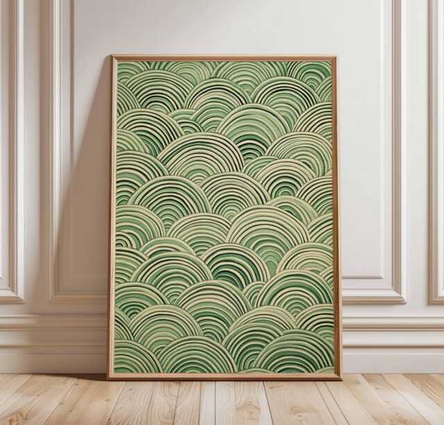 Japanese Wave Art Print, Abstract Landscape Poster, Green & Beige Wall Art, Zen Decor, Minimalist Home Ukiyo-E Style - image 1