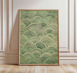 Japanese Wave Art Print, Abstract Landscape Poster, Green & Beige Wall Art, Zen Decor, Minimalist Home Ukiyo-E Style - thumbnail 1