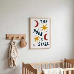 Nursery Wall Art Print, For Kids Room, Boho Children's Bedroom Poster, Prints, Moon & Stars Hand Painted Decor - thumbnail 2
